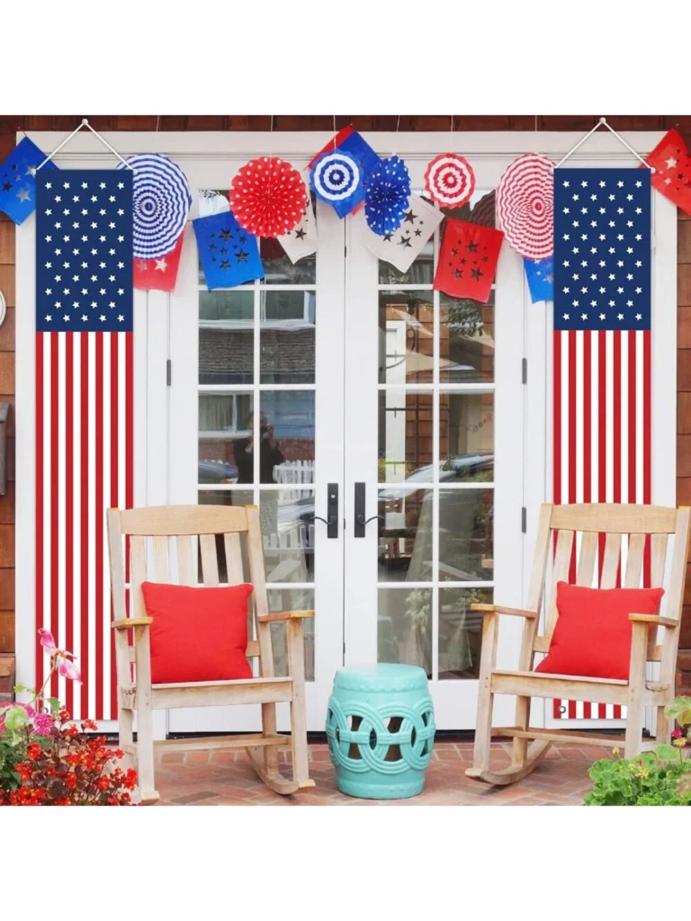 Patriotic 4th of July Outdoor Decorations - American Flag Banners & Porch Sign